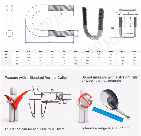 Sondergröße, Güteklasse 8,8, feuerverzinkter Edelstahl SS316, U-förmiger U-Bolzen, Rohrschelle, quadratischer U-Bolzen für LKW